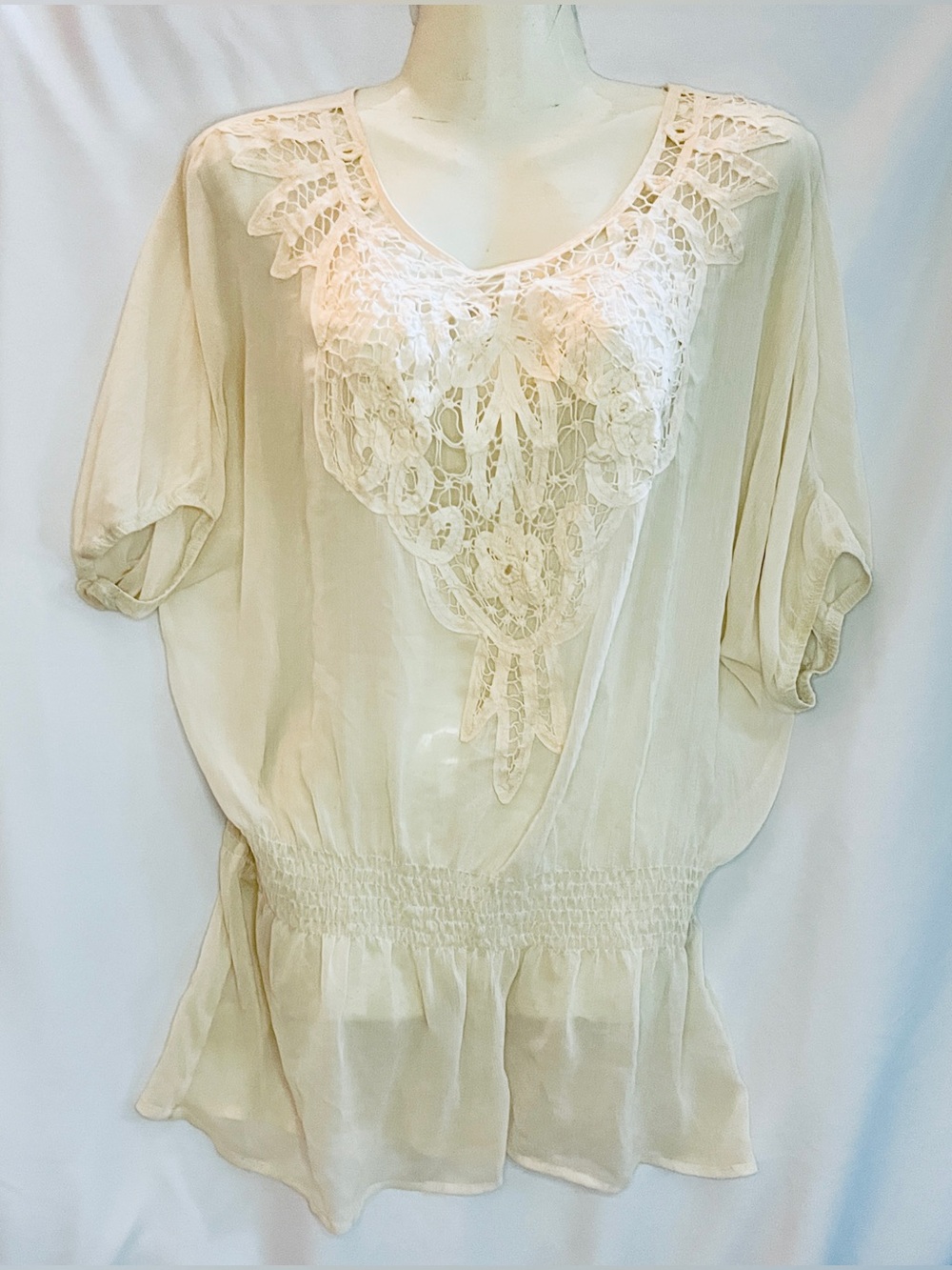 Vintage Boho Ivory Sheer Lace Trim Blouse Smocked Waist Flutter Sleeve Medium